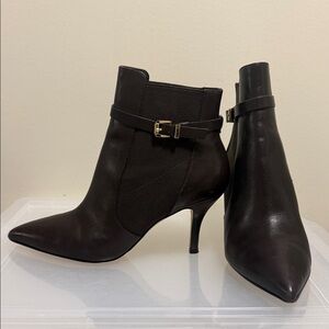 Michael Kors Dark Brown Leather Ankle Booties with Buckle Detail